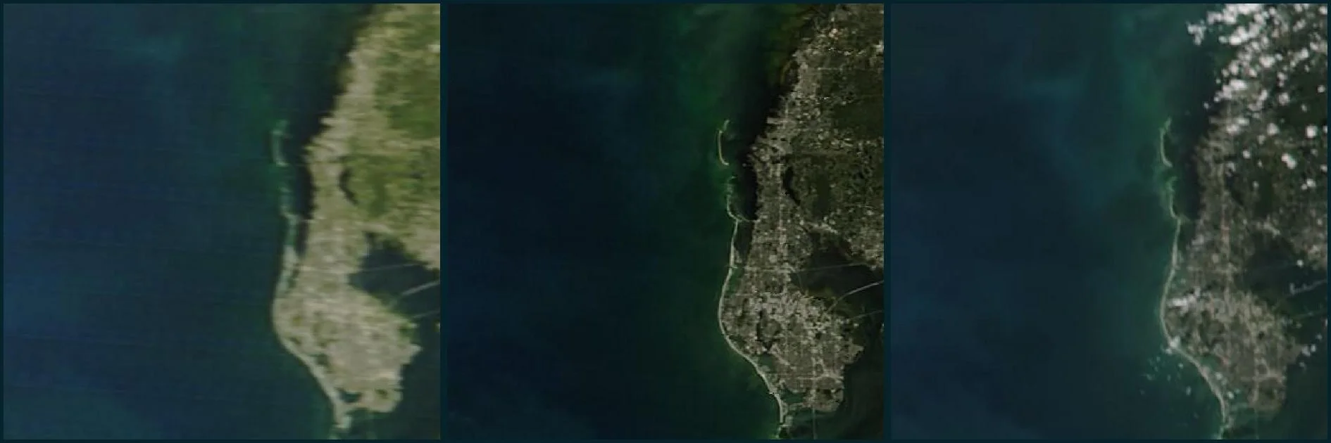 Three satellite frames of the Anclote coast, Oct 23–24